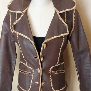 Ren Ellis Brown Leather Jacket with Tan Stitching. Size Small